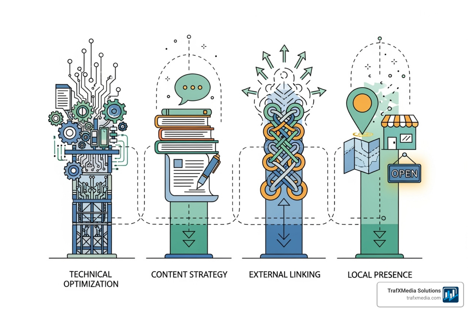 Diagram illustrating the four pillars of a successful SEO strategy: Technical SEO, On-Page Content, Off-Page Authority, and Local SEO. - San Francisco SEO consultant