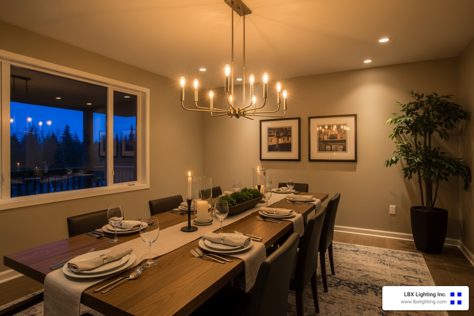 dining room with recessed lights, a chandelier, and wall sconces all working together - Dining room lighting design