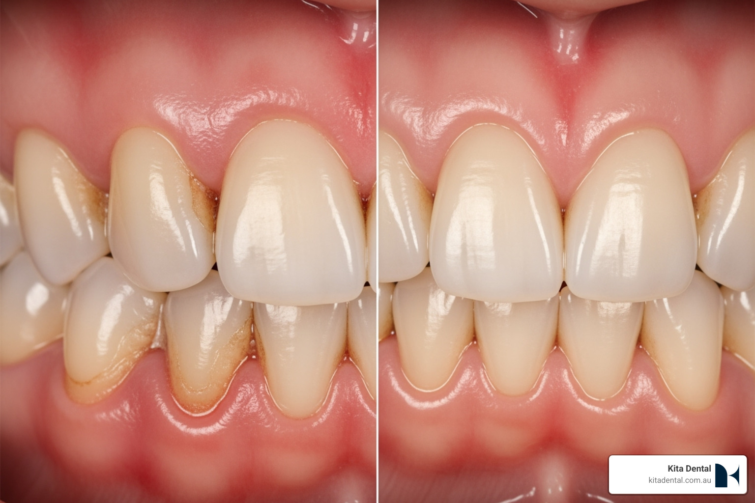 Before and after images showing the change of inflamed, red gums to healthy, pink gums after deep cleaning Before and after images showing the change of inflamed, red gums to healthy, pink gums after deep cleaning