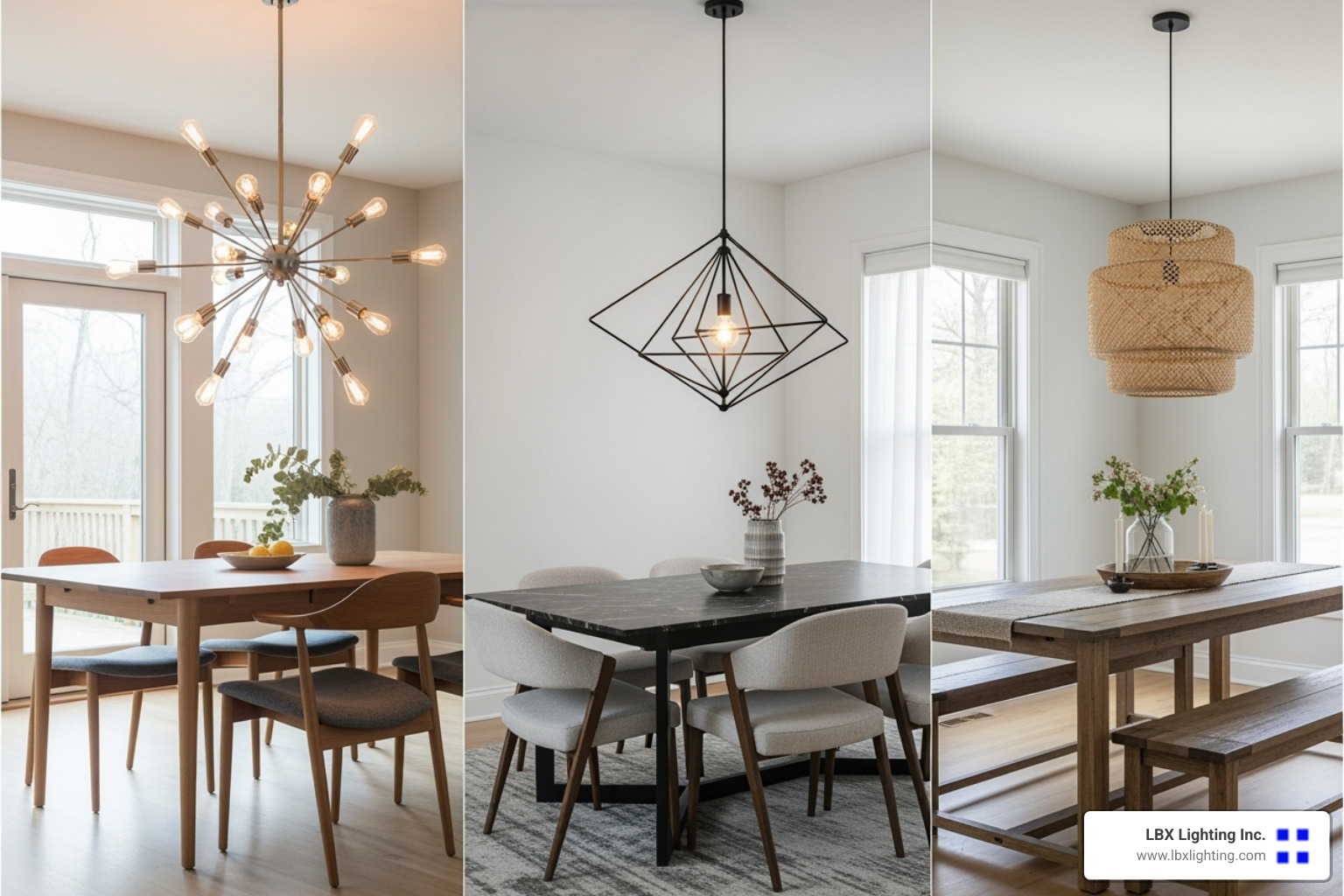 collage showcasing various unique lighting styles like Sputnik, geometric, and natural material pendants - unique dining room lights