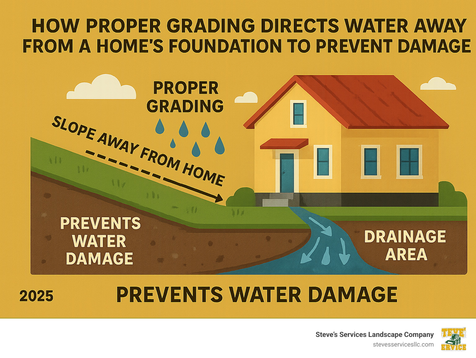 Infographic explaining how proper grading directs water away from a home's foundation to prevent damage - Residential grading contractors infographic 