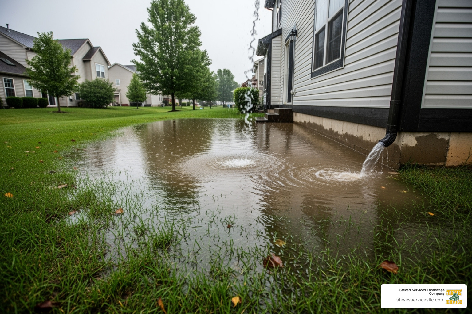 Image of a yard with pooling water near the foundation - Residential grading contractors