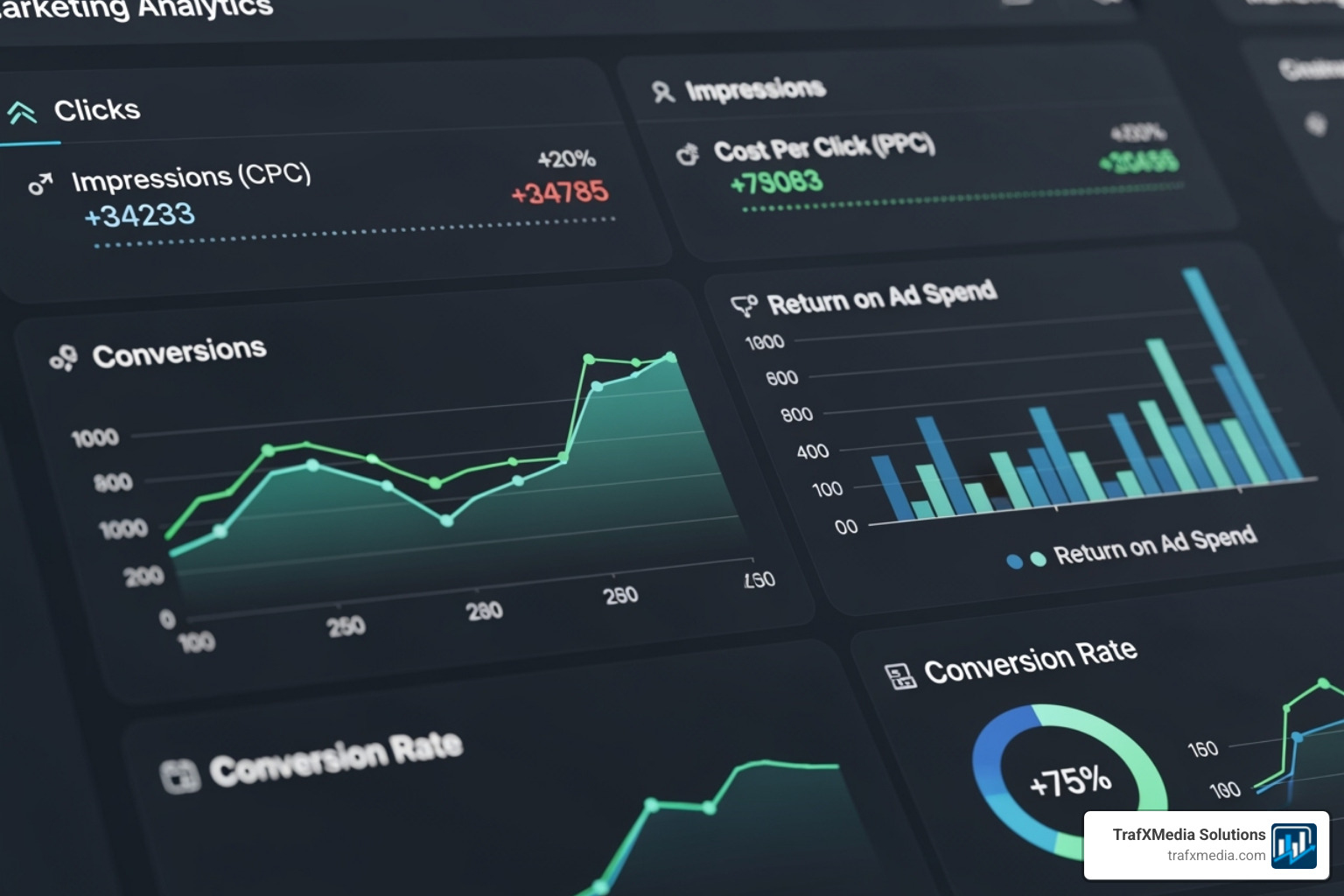 A close-up on a Google Ads report showing positive trends for clicks, conversions, and return on ad spend (ROAS), with data points indicating upward movement. - Google ads for artists A close-up on a Google Ads report showing positive trends for clicks, conversions, and return on ad spend (ROAS), with data points indicating upward movement. - Google ads for artists