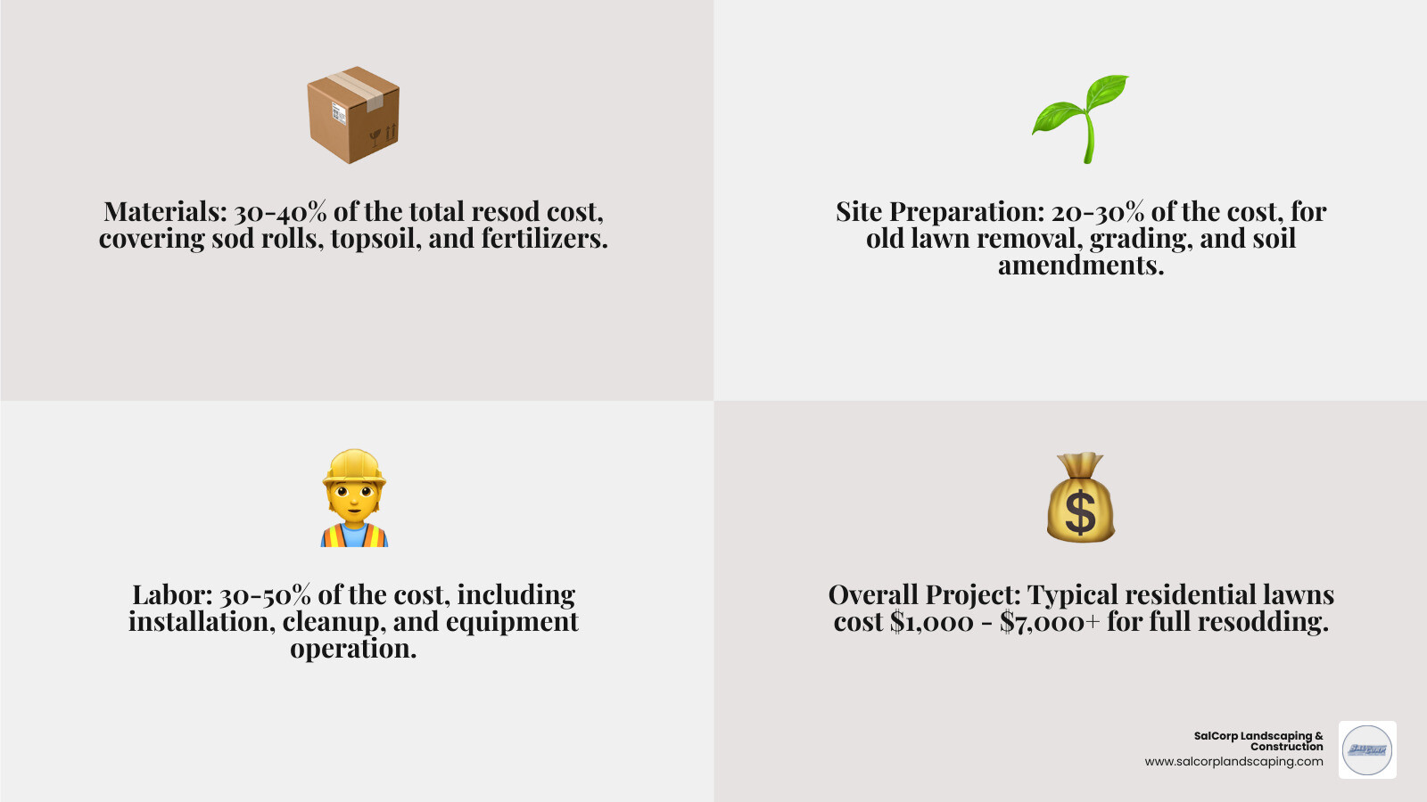 Detailed breakdown of resod grass cost components showing three main categories: Materials (30-40% including sod rolls, topsoil, fertilizer), Site Preparation (20-30% including old lawn removal, grading, soil amendments), and Labor (30-50% including installation, cleanup, equipment) - resod grass cost infographic 4_facts_emoji_grey