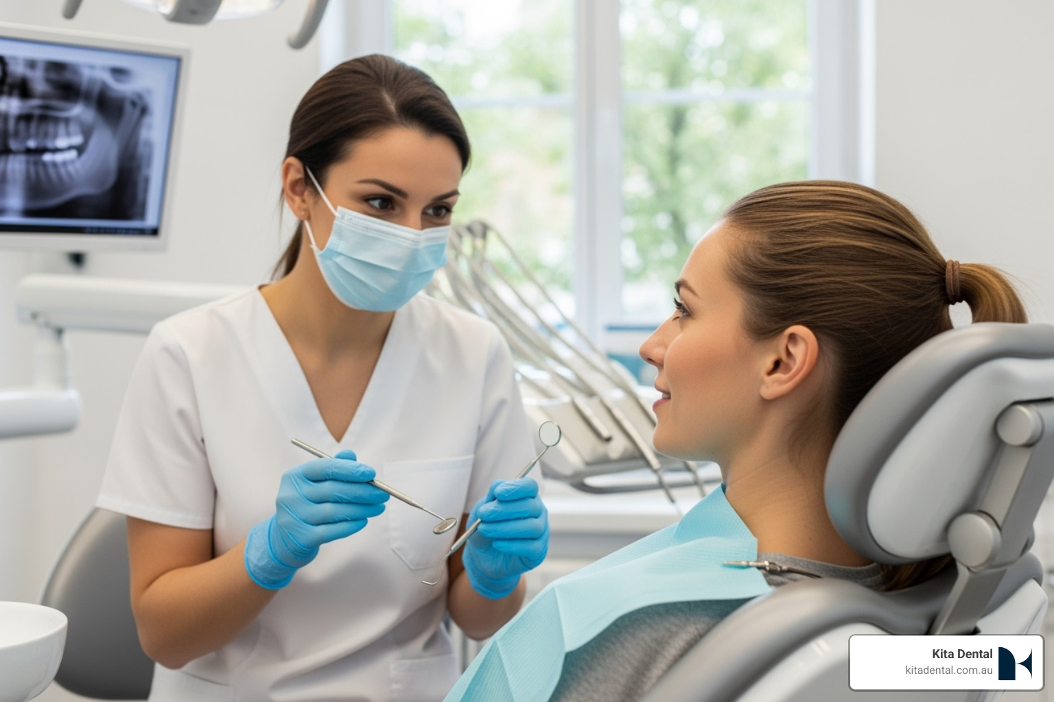 A dental hygienist wearing gloves and a mask is gently explaining the deep cleaning procedure to a calm patient in a modern dental chair. The image focuses on clear communication and patient comfort. A dental hygienist wearing gloves and a mask is gently explaining the deep cleaning procedure to a calm patient in a modern dental chair. The image focuses on clear communication and patient comfort.