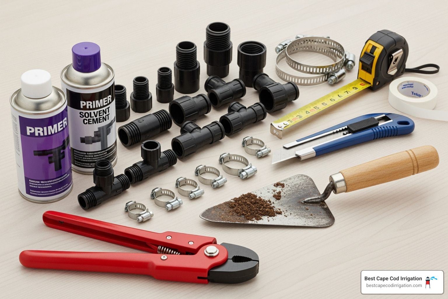 DIY sprinkler pipe repair tools laid out. - sprinkler pipe repair near me