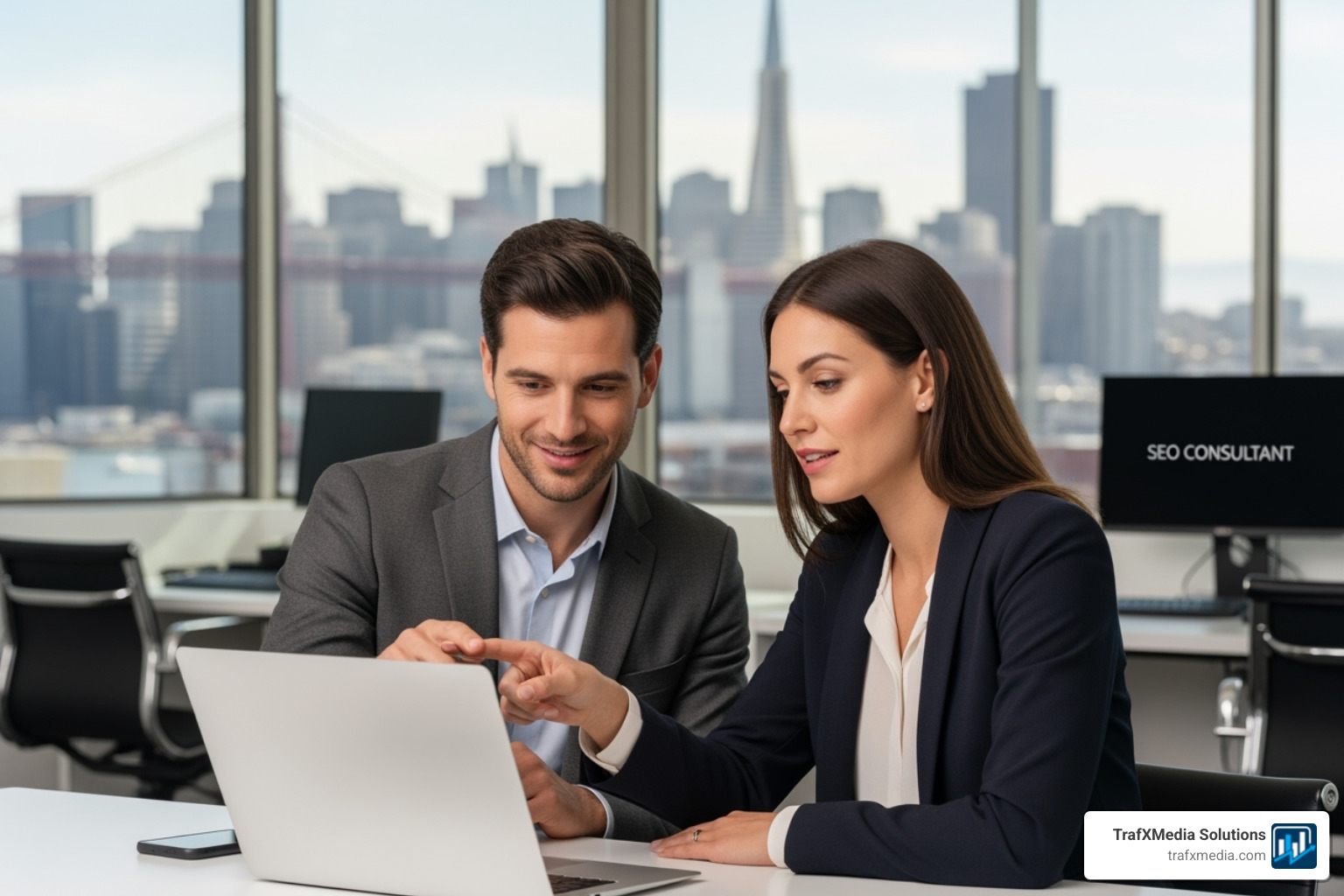 A clean, modern analytics dashboard on a laptop screen, showing upward trends for key metrics like organic traffic and keyword rankings. - San Francisco SEO consultant