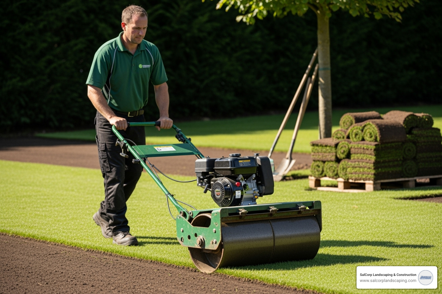 A professional landscaper using a sod roller to ensure good soil contact, highlighting the precision and efficiency of expert installation - resod grass cost