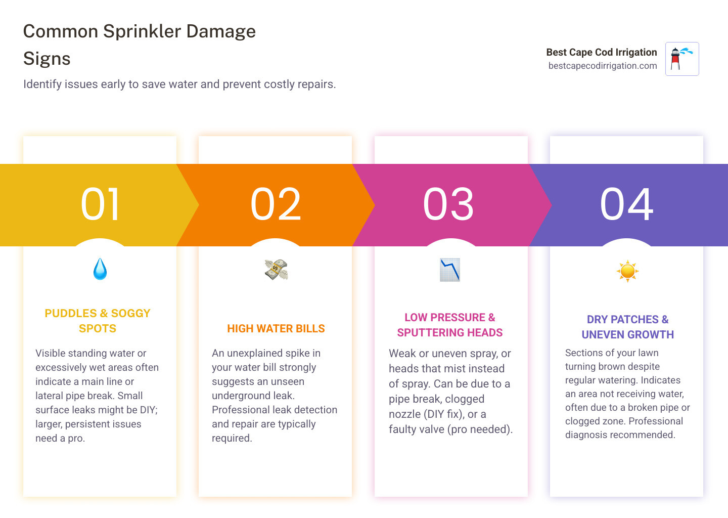 Comprehensive infographic showing common signs of sprinkler pipe damage including water puddles around sprinkler heads, brown dry patches in lawn, unusually high water bills, reduced water pressure, and sputtering or misting sprinkler heads, with visual indicators for when to call professionals versus DIY repair options - sprinkler pipe repair near me infographic pillar-4-steps