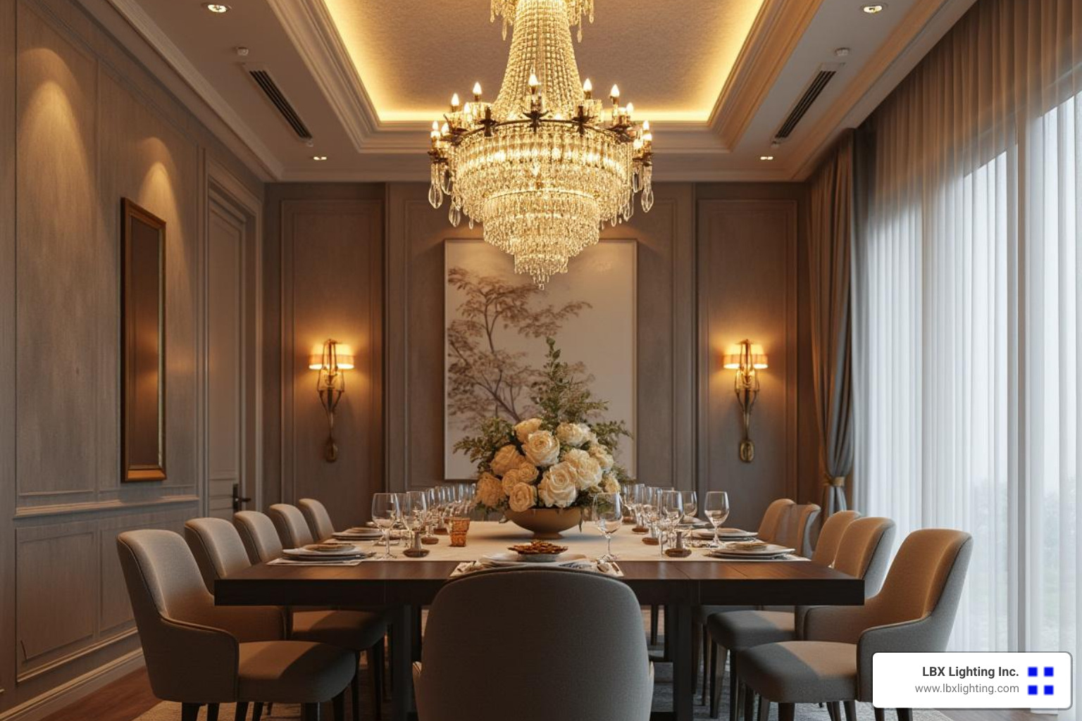 dining room showing a main chandelier, wall sconces, and subtle recessed lighting - unique dining room lights