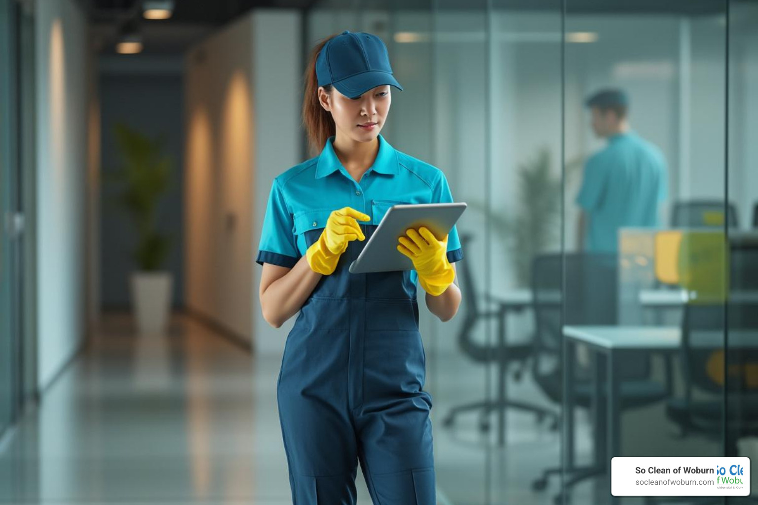 team member using tablet for quality inspection - office cleaning service company team member using tablet for quality inspection - office cleaning service company