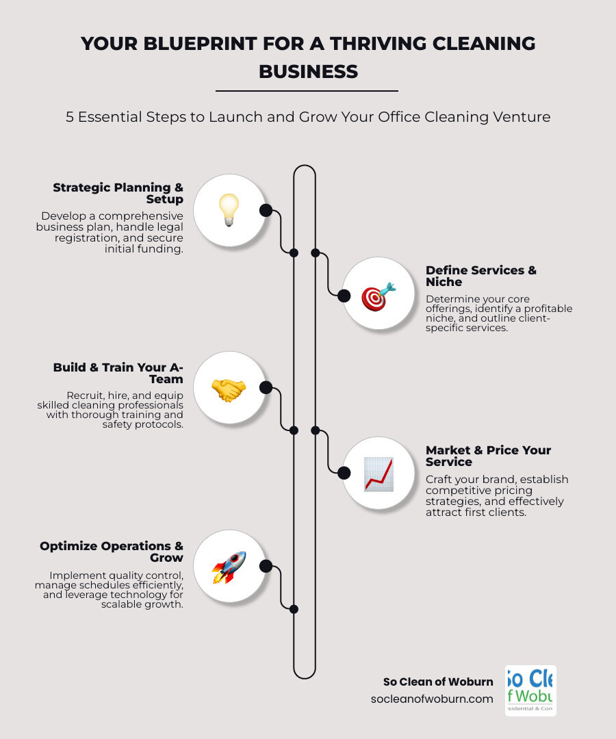 detailed infographic showing the six essential steps to start a successful office cleaning business, from initial planning and legal setup to service definition, team building, marketing, and operational growth - office cleaning service company infographic infographic-line-5-steps-neat_beige detailed infographic showing the six essential steps to start a successful office cleaning business, from initial planning and legal setup to service definition, team building, marketing, and operational growth - office cleaning service company infographic infographic-line-5-steps-neat_beige