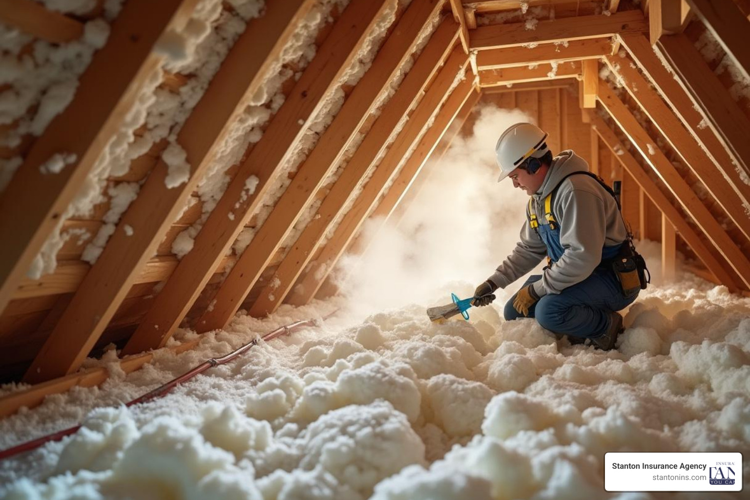 Contractor installing blown-in insulation - Ice dam prevention tips Contractor installing blown-in insulation - Ice dam prevention tips