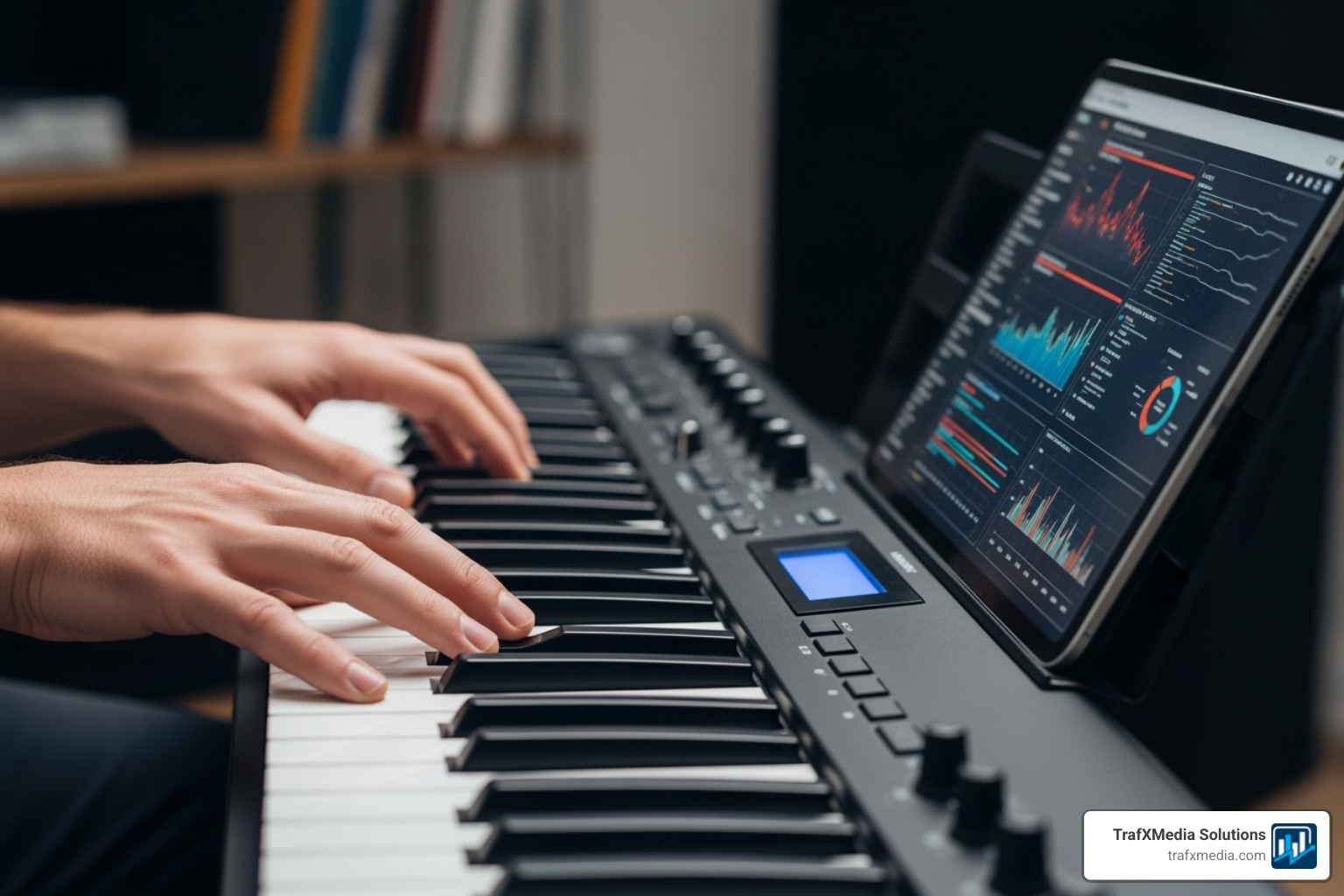A musician's hands composing on a keyboard next to a tablet displaying the Google Keyword Planner tool, with Caucasian hands. - Google ads for artists A musician's hands composing on a keyboard next to a tablet displaying the Google Keyword Planner tool, with Caucasian hands. - Google ads for artists