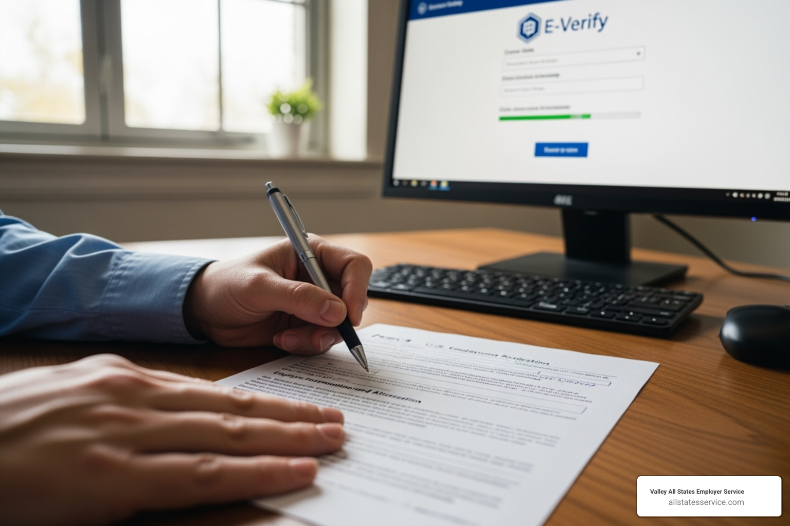 Visual workflow of the E-Verify process, from Form I-9 to government database check