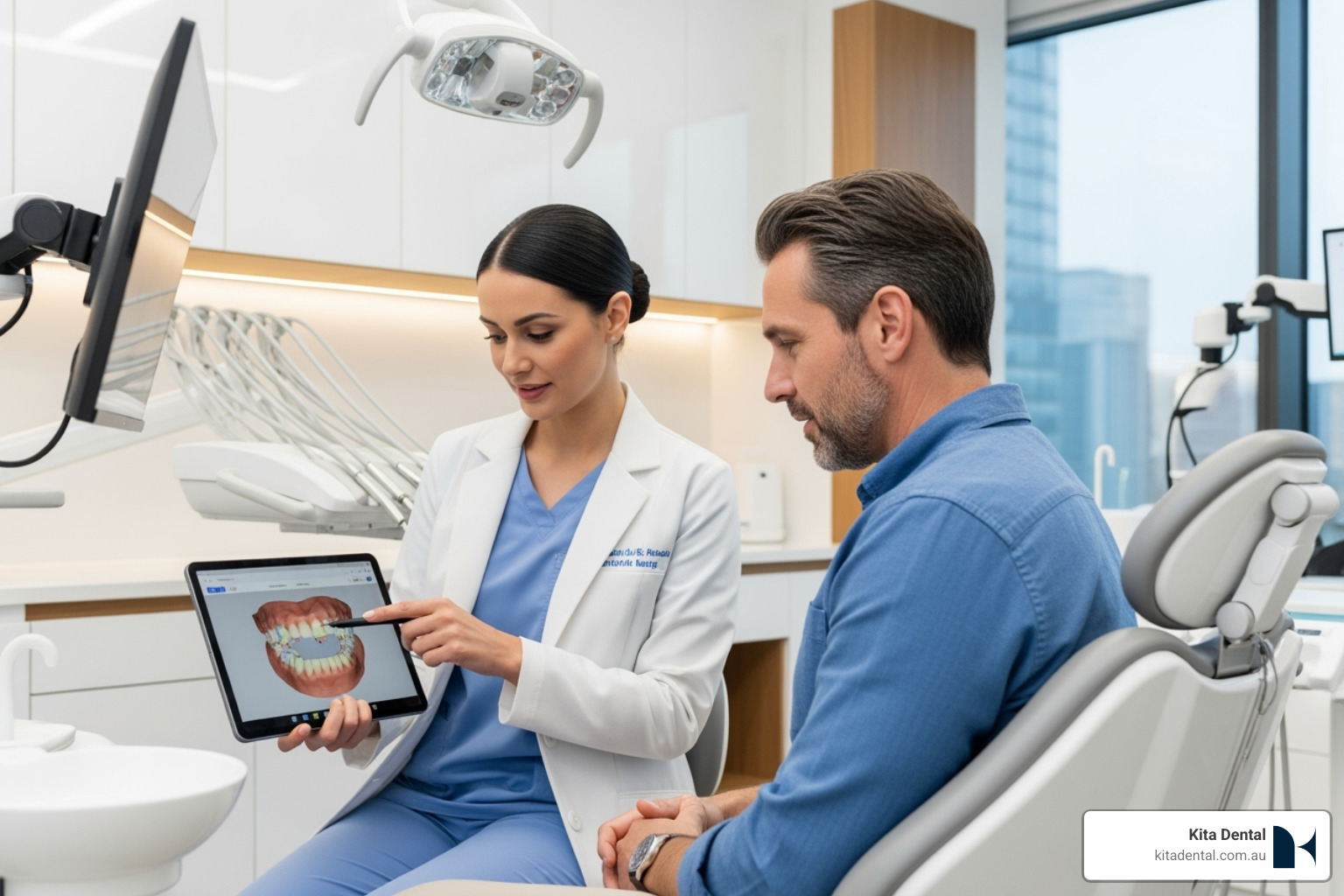 A dentist in a professional setting explains a treatment plan to a patient using a digital tablet, demonstrating a clear and collaborative approach - Braces cost Sydney A dentist in a professional setting explains a treatment plan to a patient using a digital tablet, demonstrating a clear and collaborative approach - Braces cost Sydney