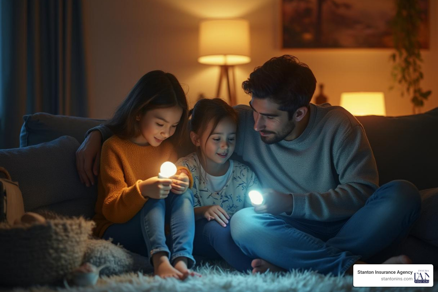 of a family safely gathered in one room with flashlights during a power outage - Ice storm safety tips