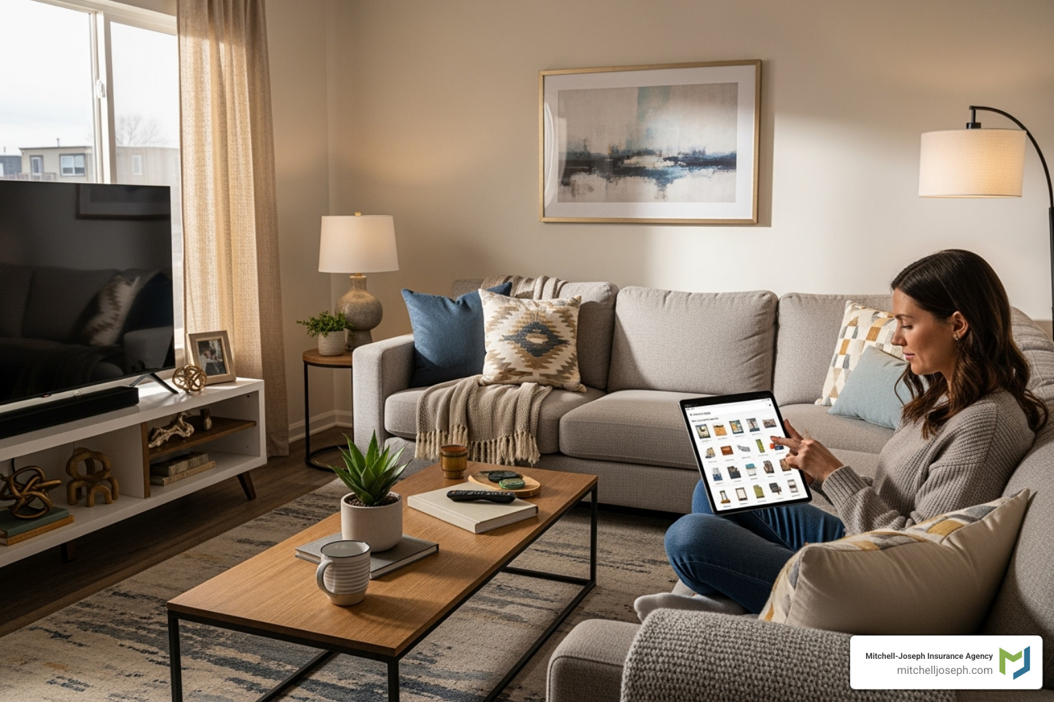 Person using a tablet to inventory items in their living room - how much flood insurance do i need