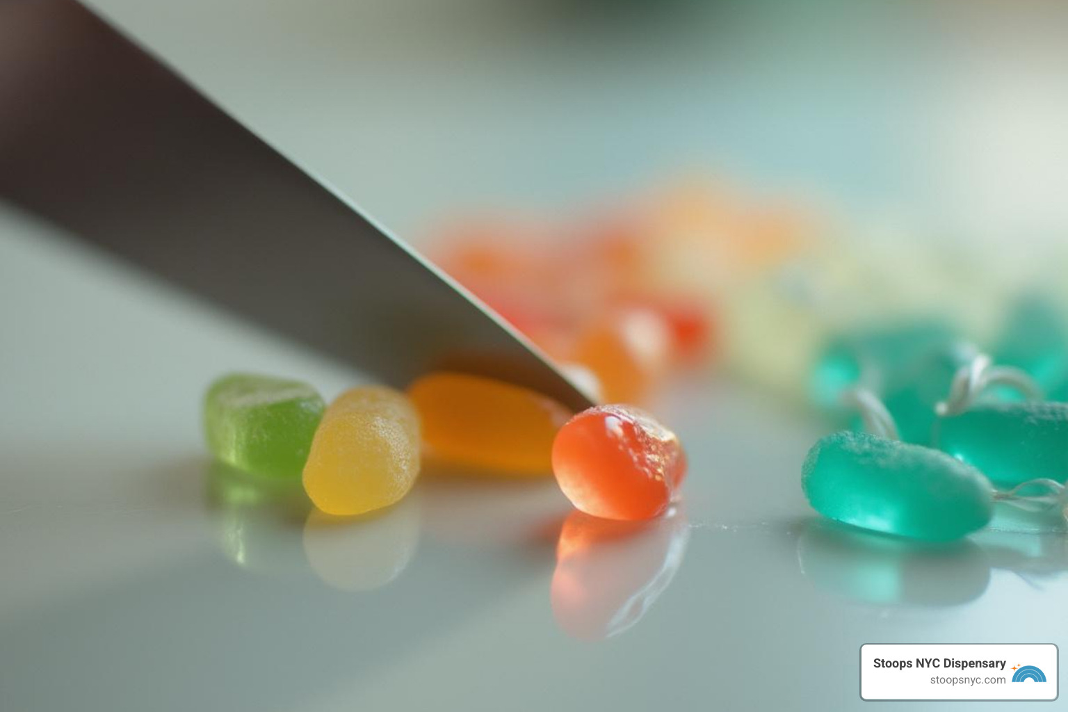 single gummy being cut into smaller, precise doses - high potency edibles
