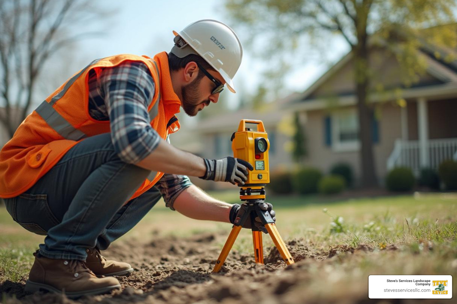 Image of a contractor using a transit level to measure slope - Residential grading contractors