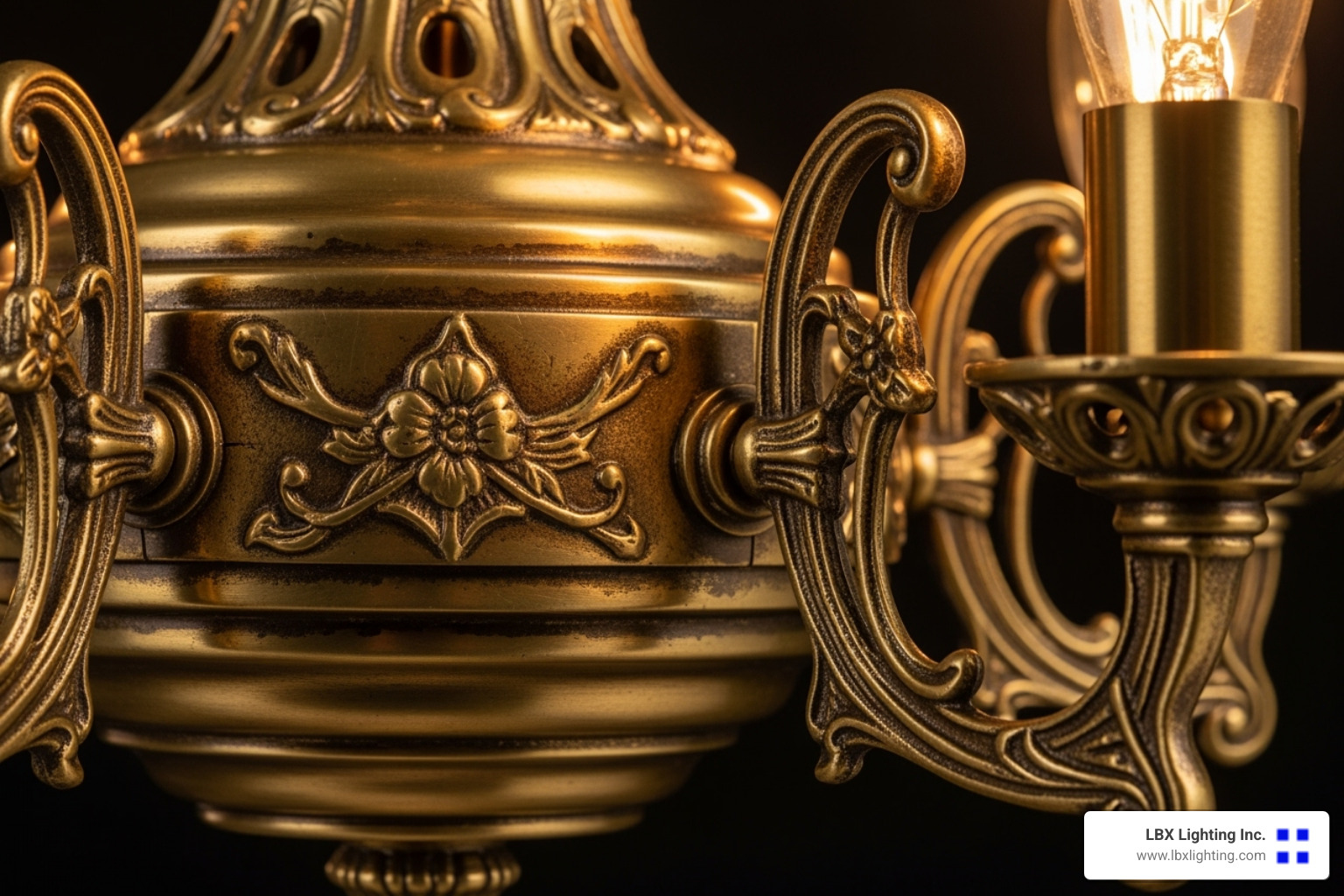 close-up shot showing the intricate details and rich patina on an antique brass fixture - vintage dining room light fixtures