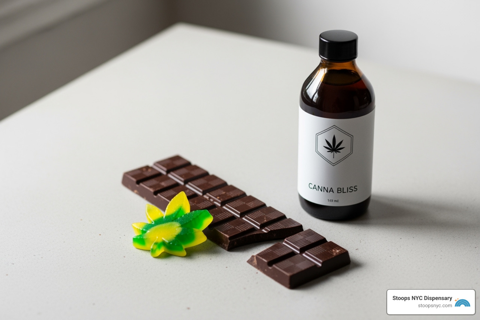 various gourmet edibles like a chocolate bar, a gummy, and a cannabis beverage - high potency edibles