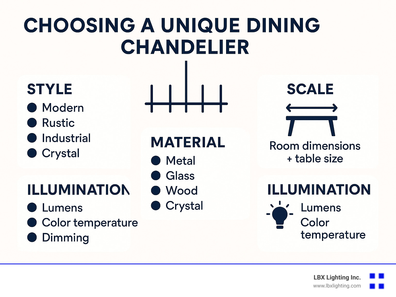 Infographic showing the four key elements of choosing a unique dining chandelier: Style (modern, rustic, industrial, crystal), Scale (room dimensions plus table size considerations), Material (metal, glass, wood, crystal options), and Illumination (lumens, color temperature, dimming capabilities) - unique dining chandeliers infographic 