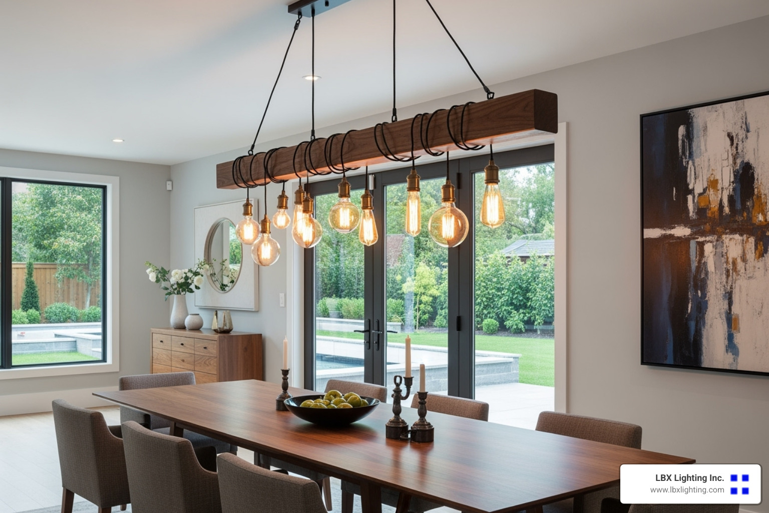 linear wood beam fixture with bulbs over a long table - dining room light fixtures wood