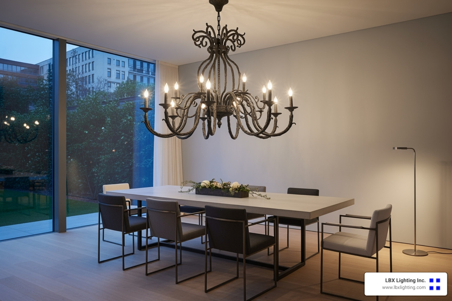 sleek, modern dining room where a large, rustic wrought-iron chandelier creates a stunning style contrast - vintage dining room light fixtures