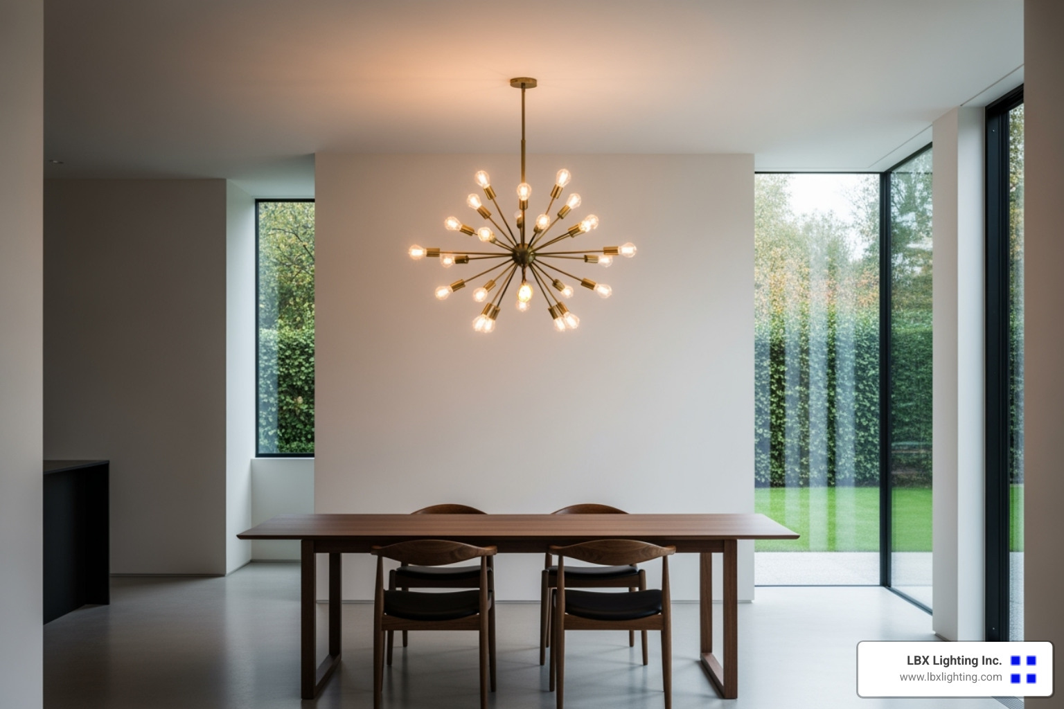 classic brass Sputnik chandelier providing a dramatic focal point in a minimalist dining room - vintage dining room light fixtures