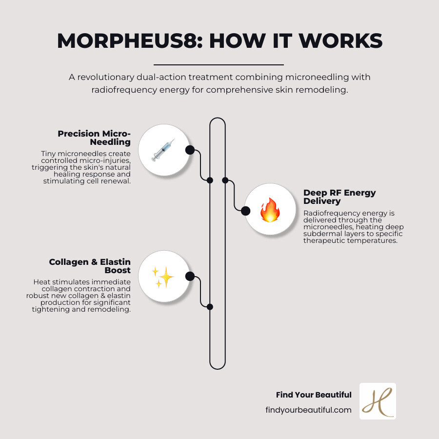 Detailed infographic showing how RF microneedling works with cross-section of skin layers, depicting microneedles creating controlled injuries while radiofrequency energy heats deeper dermis to stimulate collagen production and tissue remodeling - morpheus8 infographic
