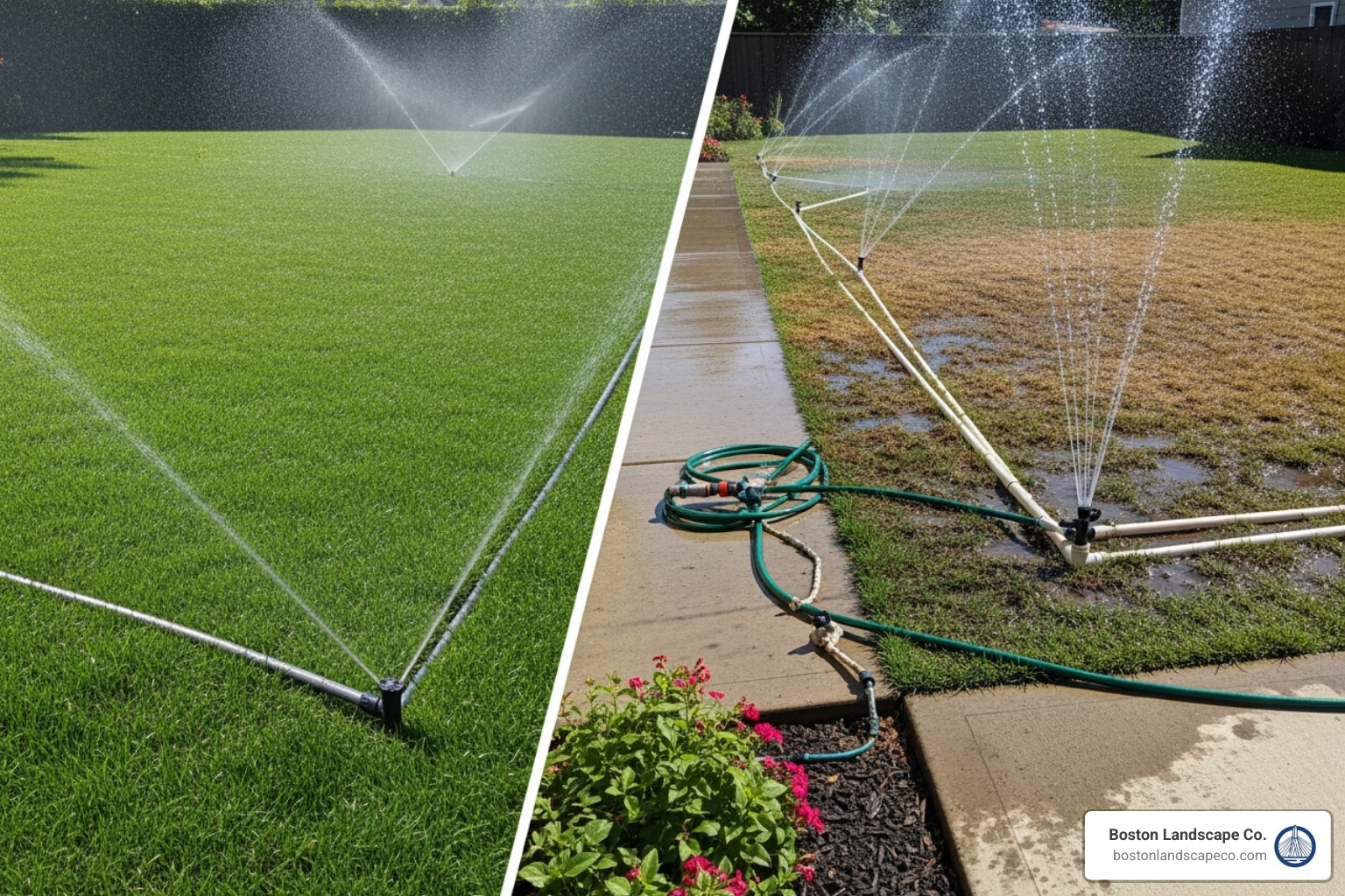 Comparison of a professionally installed irrigation system with a well-designed, efficient layout versus a poorly planned DIY system with visible pipes and uneven watering. - irrigation system installation cost