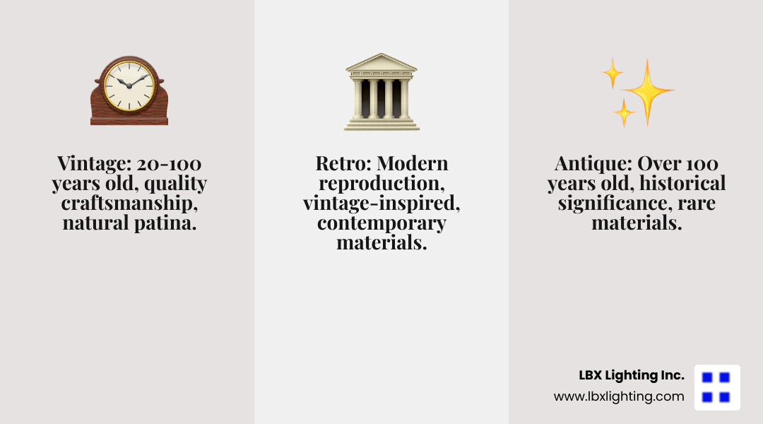 Infographic showing the key differences between vintage (20-100 years old, quality craftsmanship, natural patina), antique (over 100 years old, historical significance, rare materials), and retro (modern reproductions, vintage-inspired design, contemporary materials) lighting styles - vintage dining room light fixtures infographic 3_facts_emoji_grey