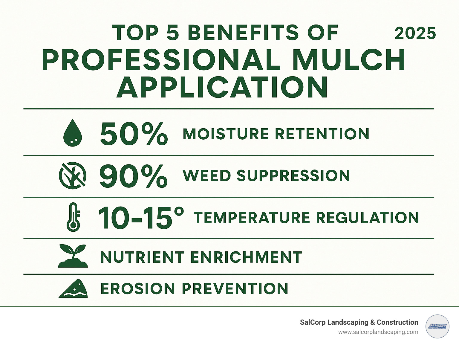 Infographic showing the top 5 benefits of professional mulch application: 50% moisture retention improvement, 90% weed suppression rate, soil temperature regulation of 10-15 degrees, nutrient enrichment through organic decomposition, and erosion prevention on slopes up to 30 degrees - Mulch application service infographic Infographic showing the top 5 benefits of professional mulch application: 50% moisture retention improvement, 90% weed suppression rate, soil temperature regulation of 10-15 degrees, nutrient enrichment through organic decomposition, and erosion prevention on slopes up to 30 degrees - Mulch application service infographic