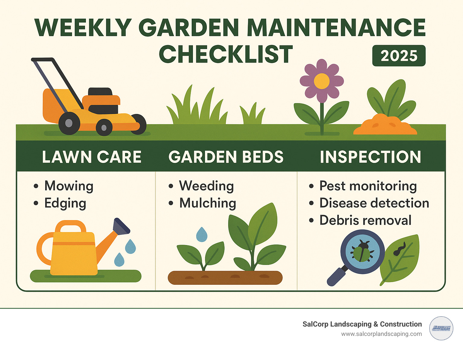 Infographic showing weekly garden maintenance checklist with four main categories: Lawn Care (mowing, edging), Garden Beds (weeding, mulching), Watering (deep morning watering, soil moisture check), and Inspection (pest monitoring, disease detection, debris removal) - weekly garden maintenance schedule infographic 
