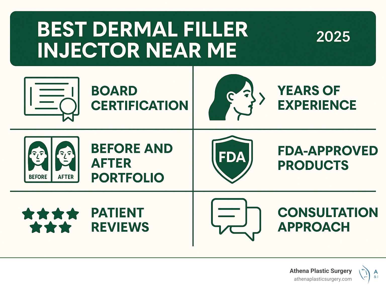 Infographic showing key qualifications for the best dermal filler injector including board certification, years of experience, before and after portfolio, FDA-approved products, patient reviews, and consultation approach - best dermal filler injector near me infographic 