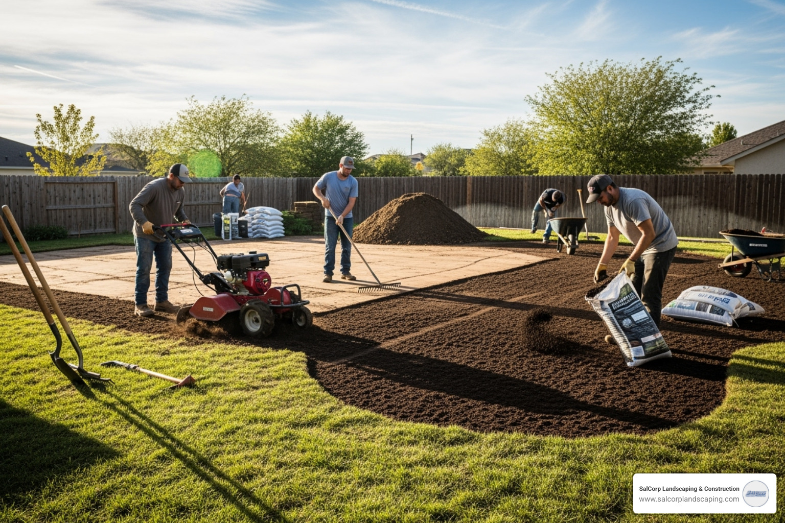 A landscaping crew carefully preparing soil for sod installation, showing proper grading and soil amendment - resod grass cost
