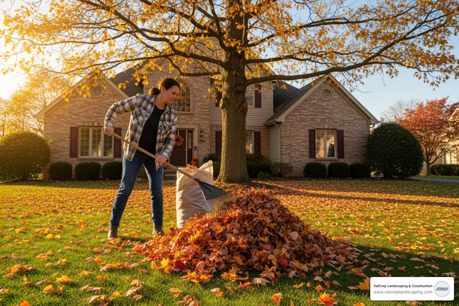 a homeowner performing fall cleanup, raking leaves - weekly garden maintenance schedule