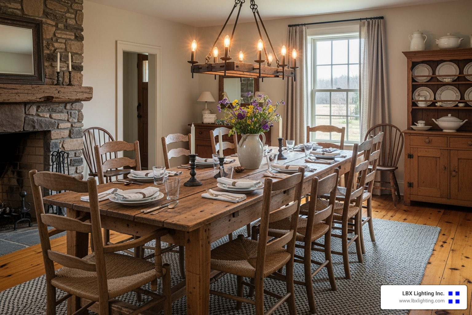 classic farmhouse dining room with a wood and metal chandelier - Wood dining chandelier