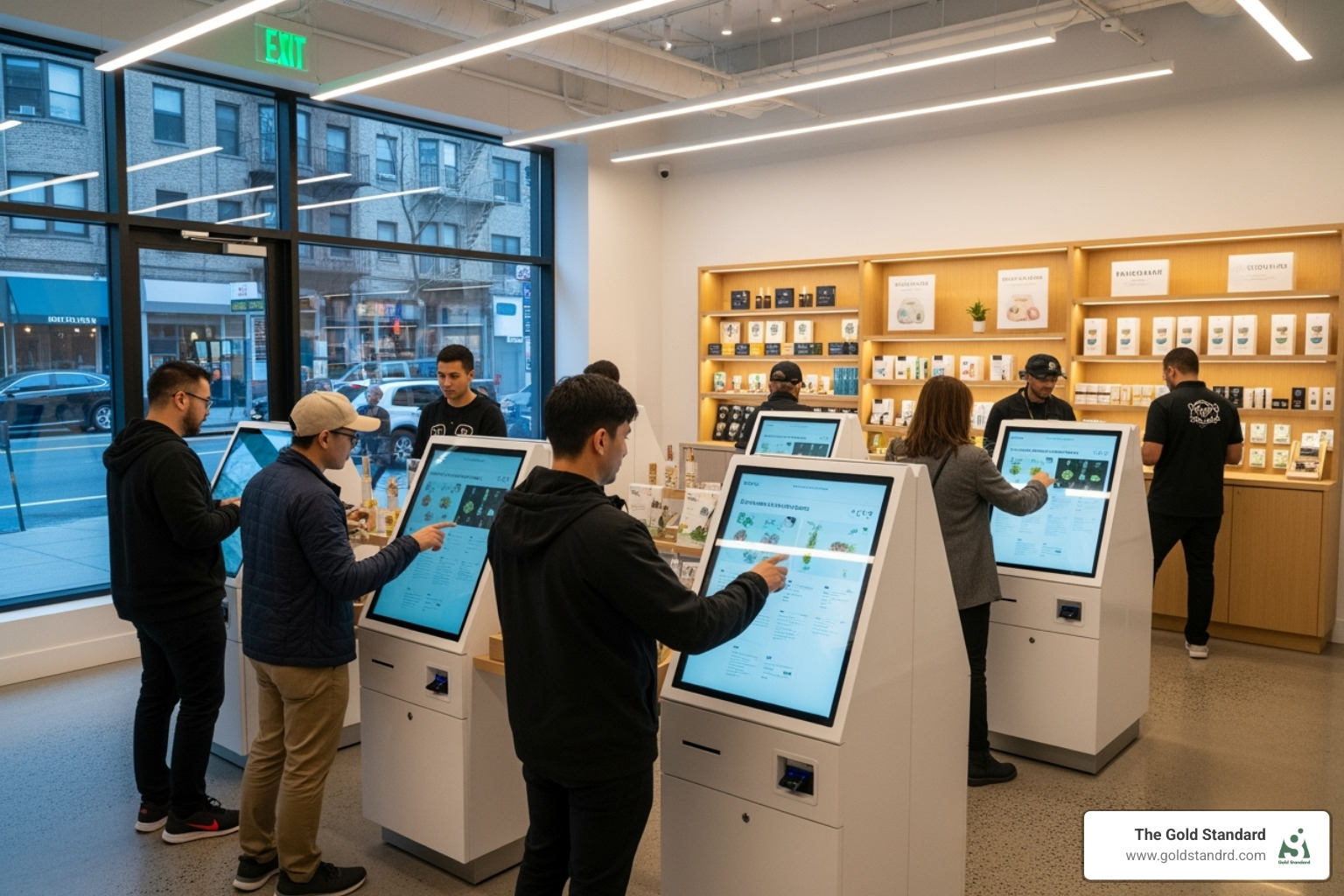modern dispensary in Astoria, New York, with customers using digital kiosks - weed tech companies