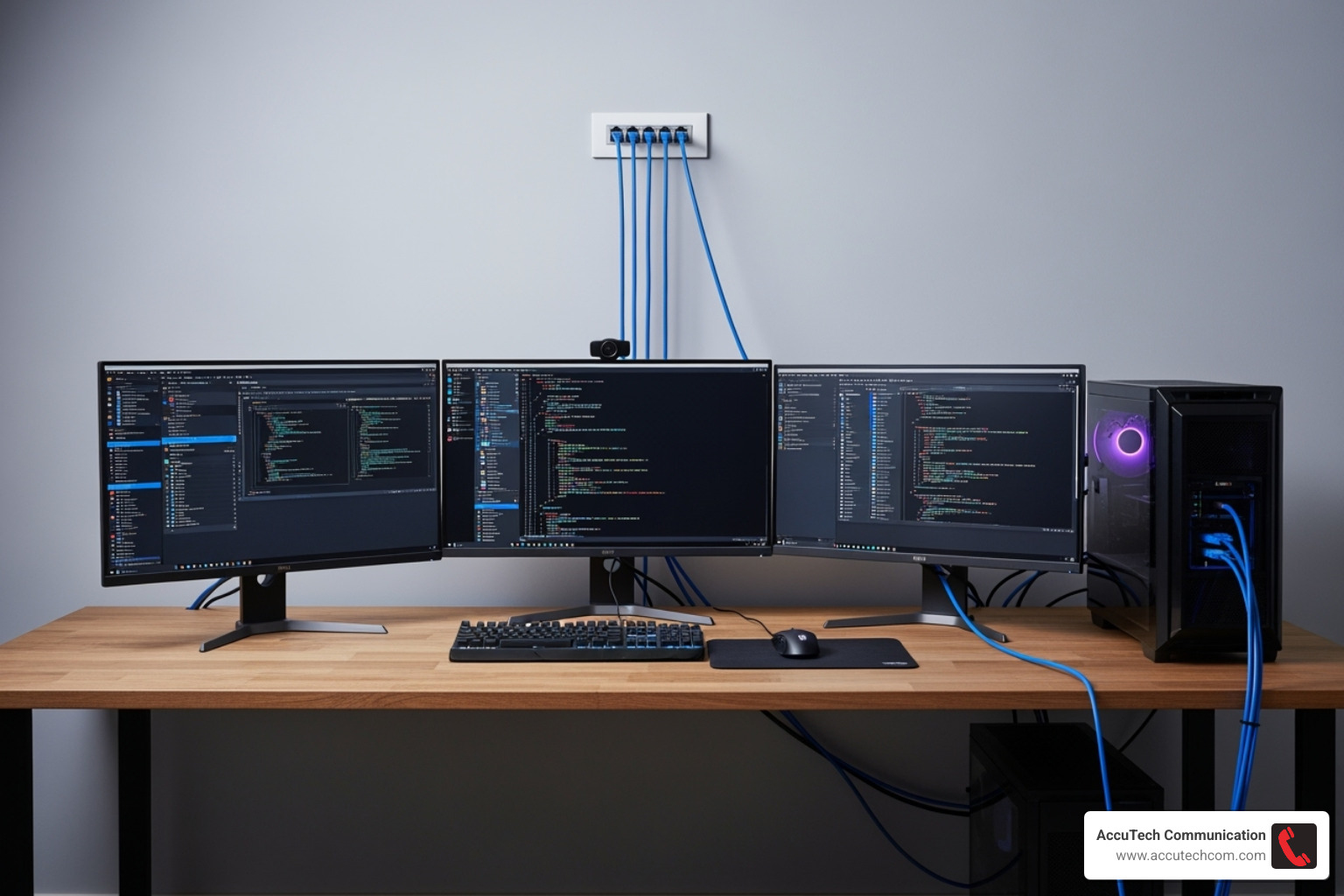 Clean office setup with computers connected via ethernet cables to a wall plate - cat6 ethernet cable 20m