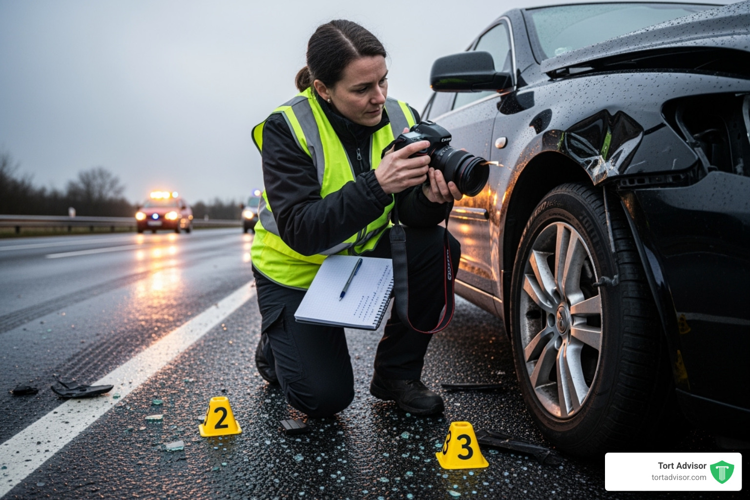 evidence being collected at a crash scene (photos, notes) - best motor vehicle accident attorney