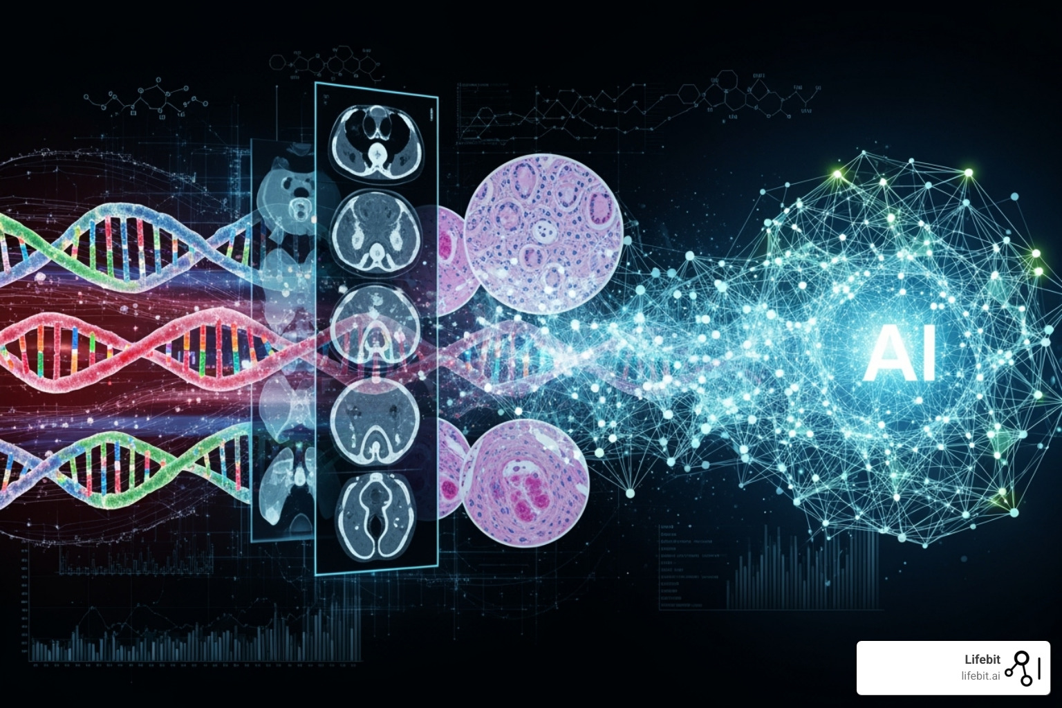 Multimodal data sources like DNA sequencing, CT scans, and pathology slides feeding into an AI model - AI for biomarker findy