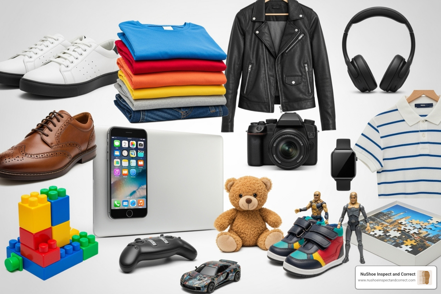 A collage of different products including shoes, apparel, electronics, and toys, illustrating the diverse range of items that undergo third-party inspections - Third party inspection A collage of different products including shoes, apparel, electronics, and toys, illustrating the diverse range of items that undergo third-party inspections - Third party inspection