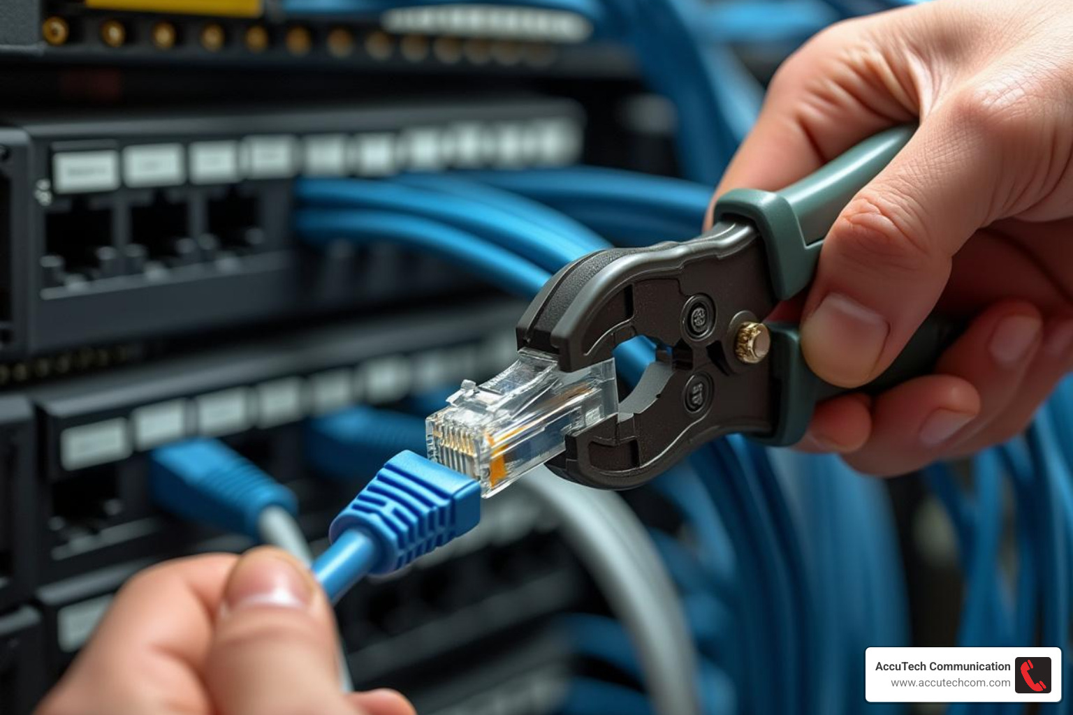 Hands terminating a bulk ethernet cable with a crimping tool - cat6 ethernet cable 20m