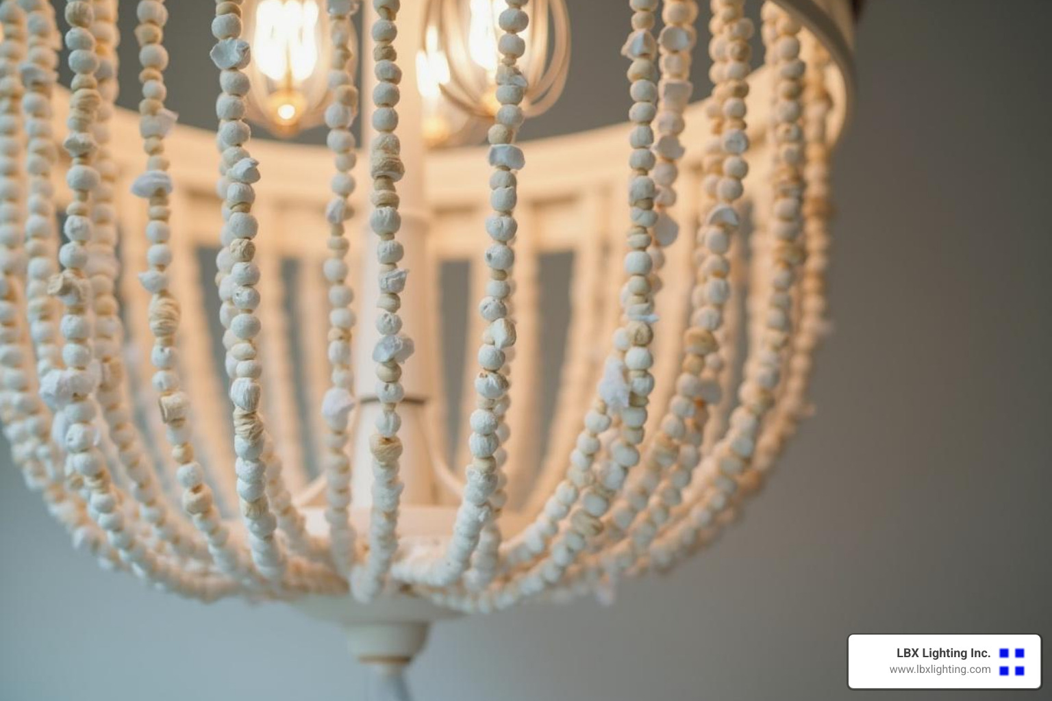 close-up on a white wood beaded chandelier - Wood dining chandelier