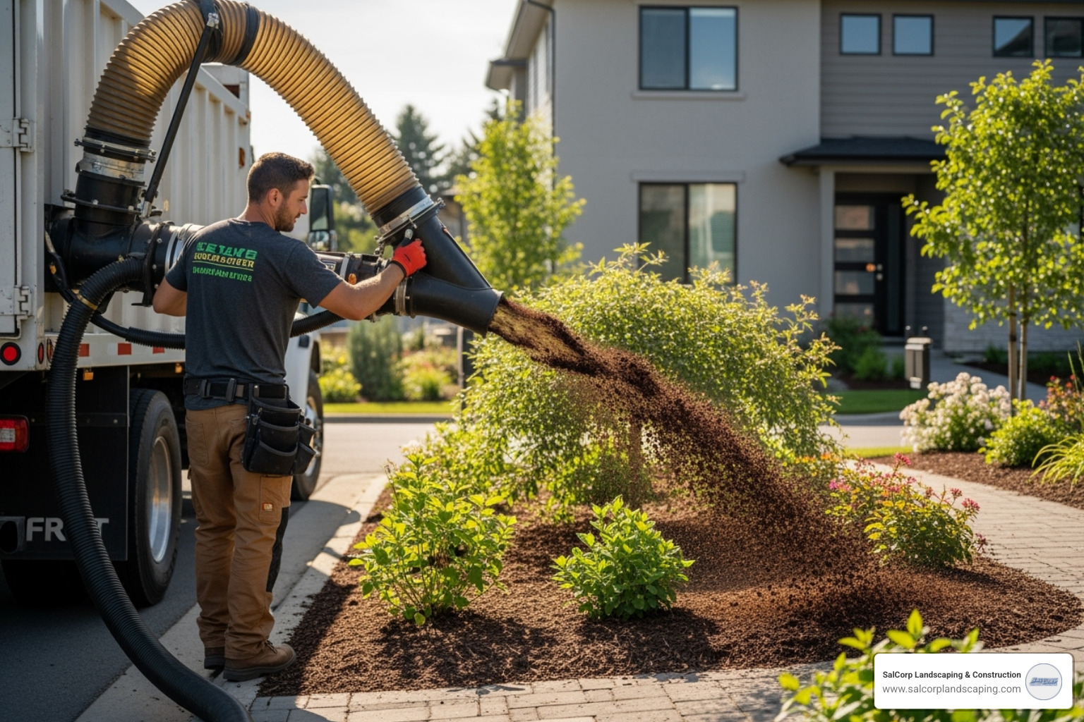 professional using a blower truck to apply mulch efficiently - Mulch application service professional using a blower truck to apply mulch efficiently - Mulch application service