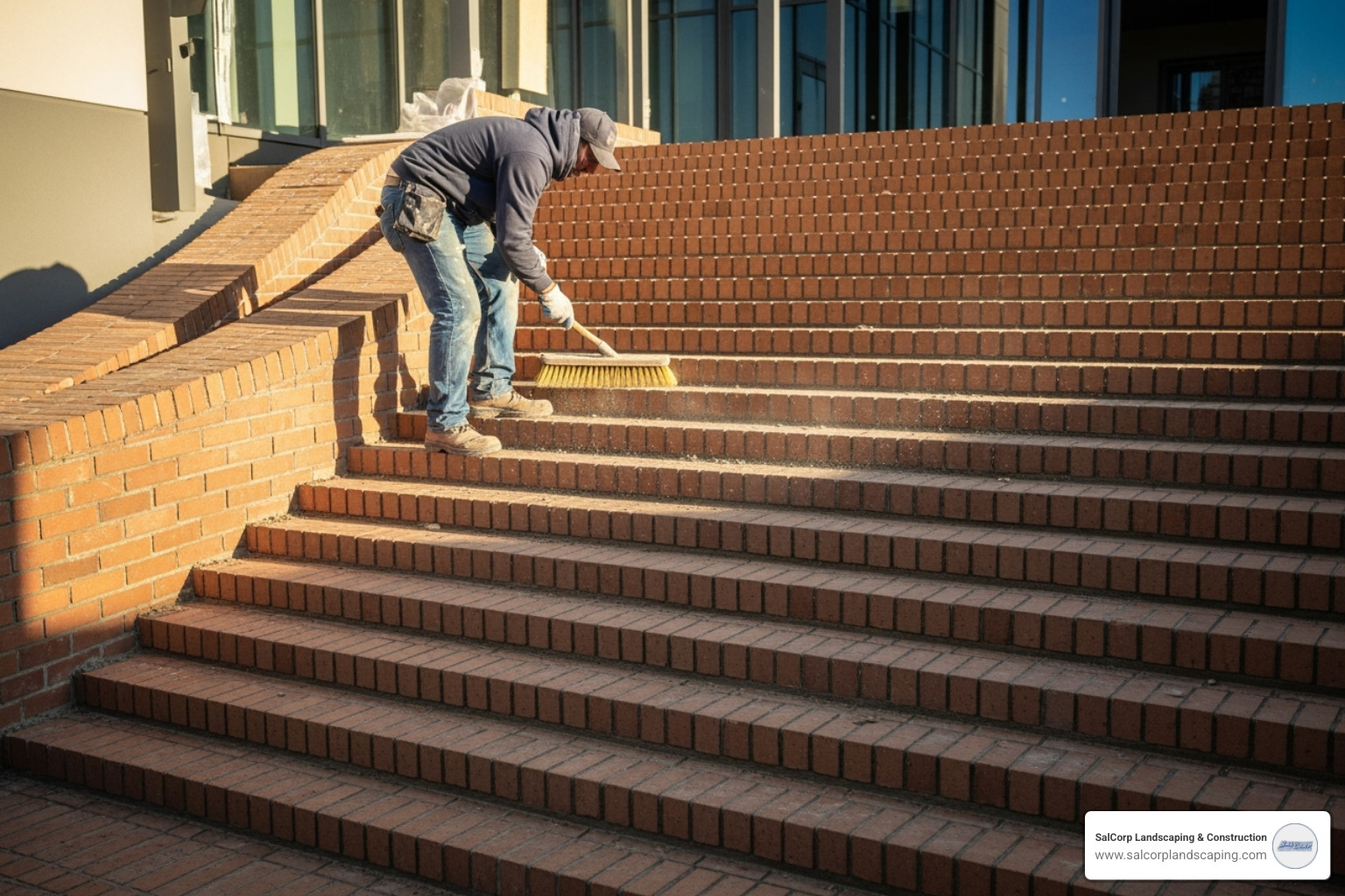 finished brick staircase being cleaned with a brush - how to install brick steps