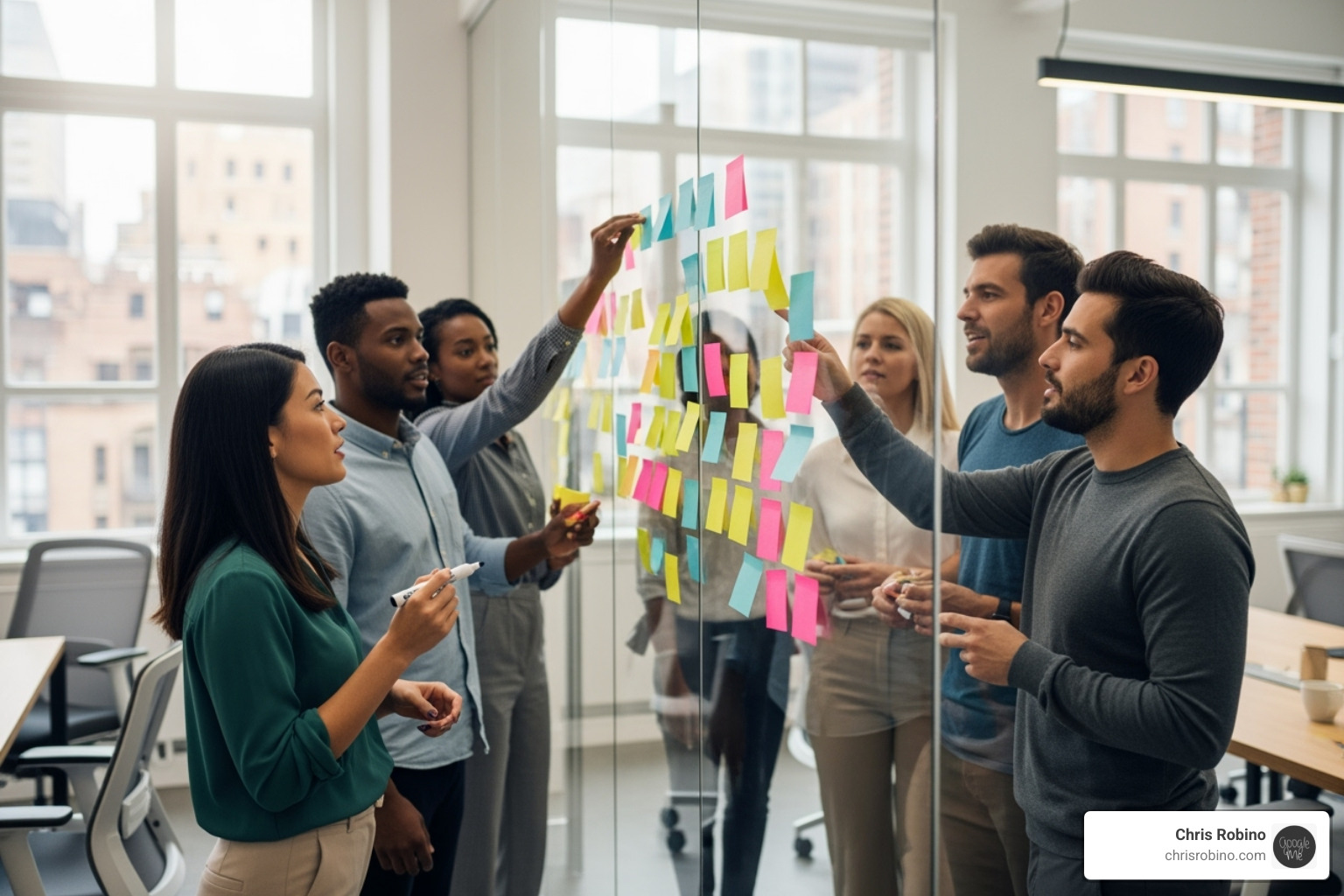 team using sticky notes on a glass wall for a design thinking session - technology innovation consulting firm team using sticky notes on a glass wall for a design thinking session - technology innovation consulting firm