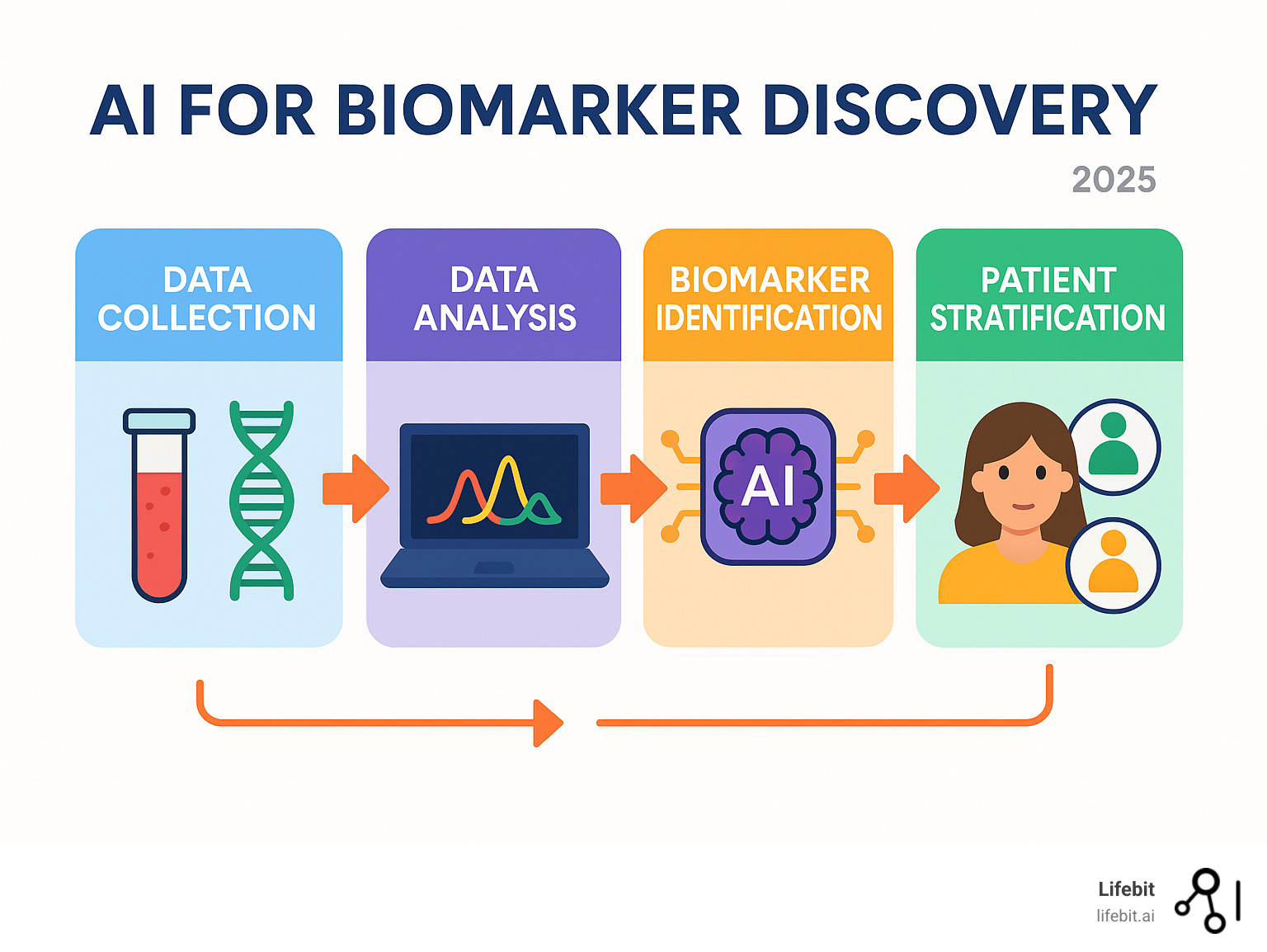 Infographic explaining the workflow from data collection to AI-powered biomarker findy and patient stratification. - AI for biomarker findy infographic 